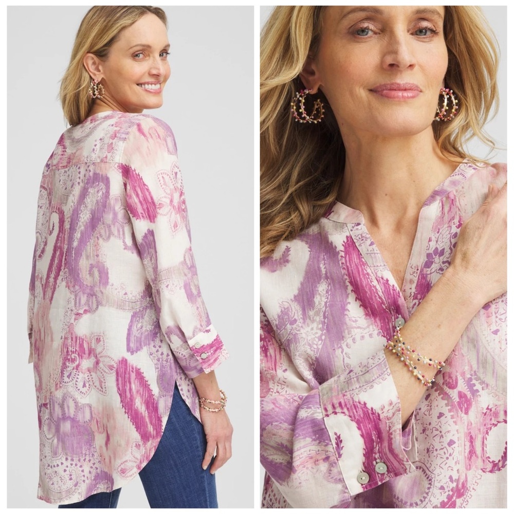 CHICO’S NWT 2 No Iron Multi Paisley Linen Tunic in French Blush Pink Lilac L